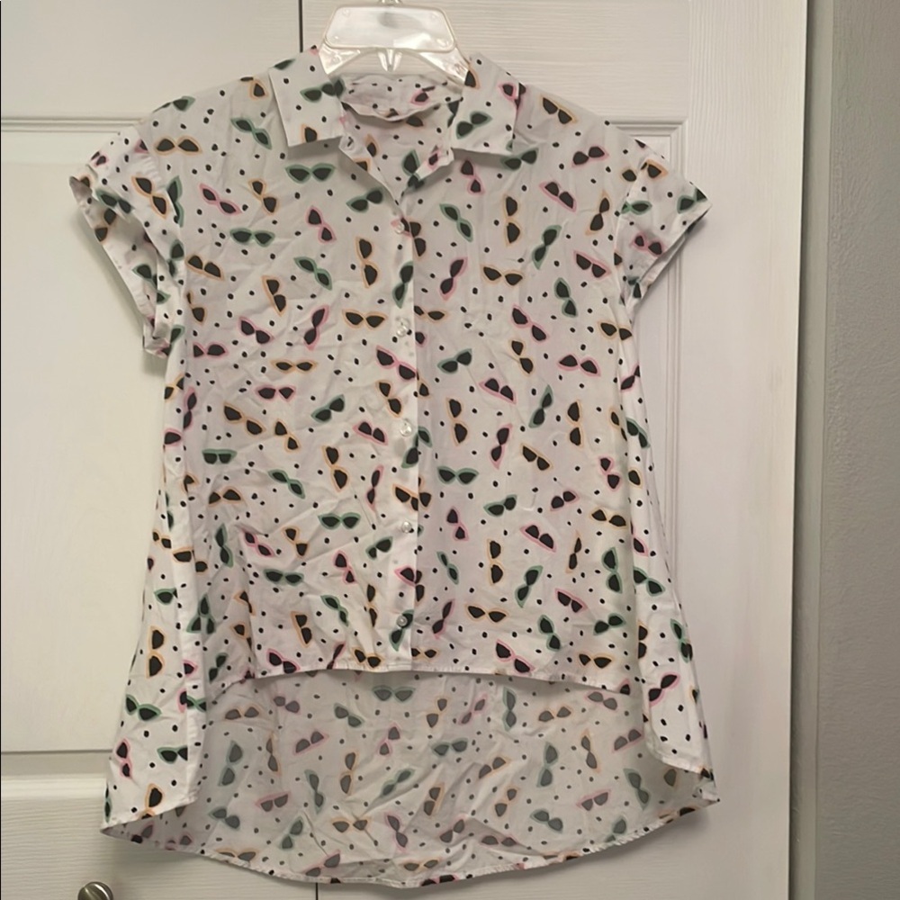 🌷ZARA Button Down Shirt Blouse SUNGLASSES Print with High Low Curved Details